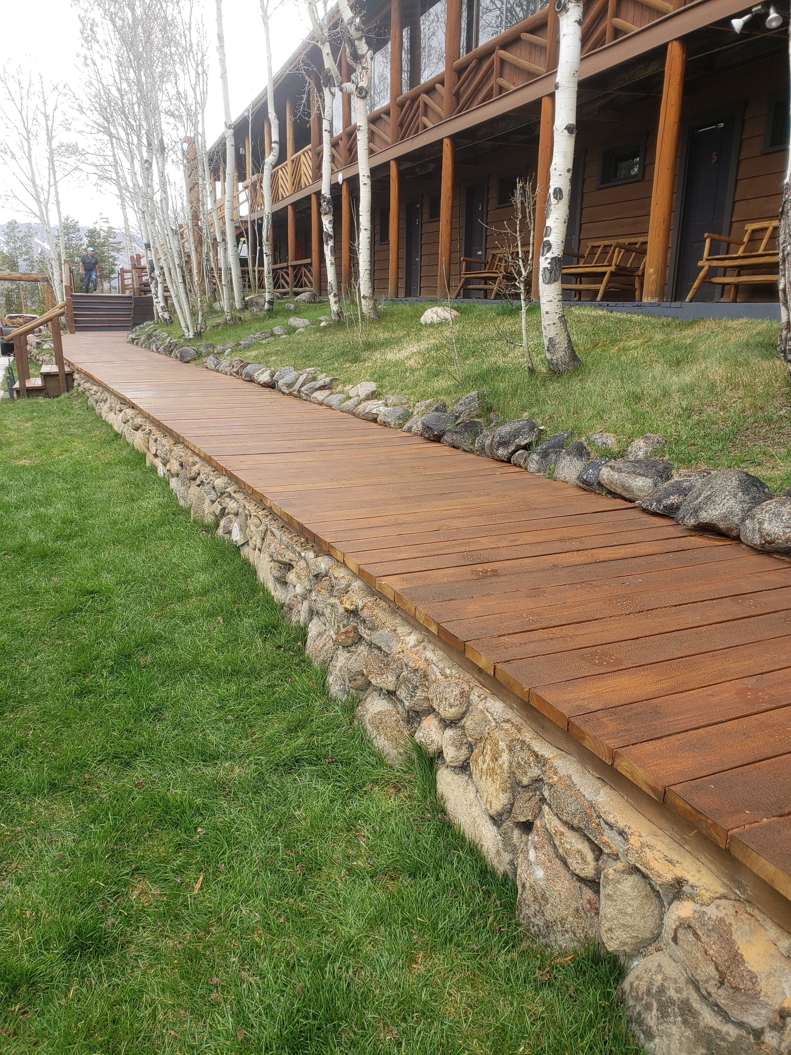 Finished boardwalk and exterior woodwork at Grand Lake Lodge