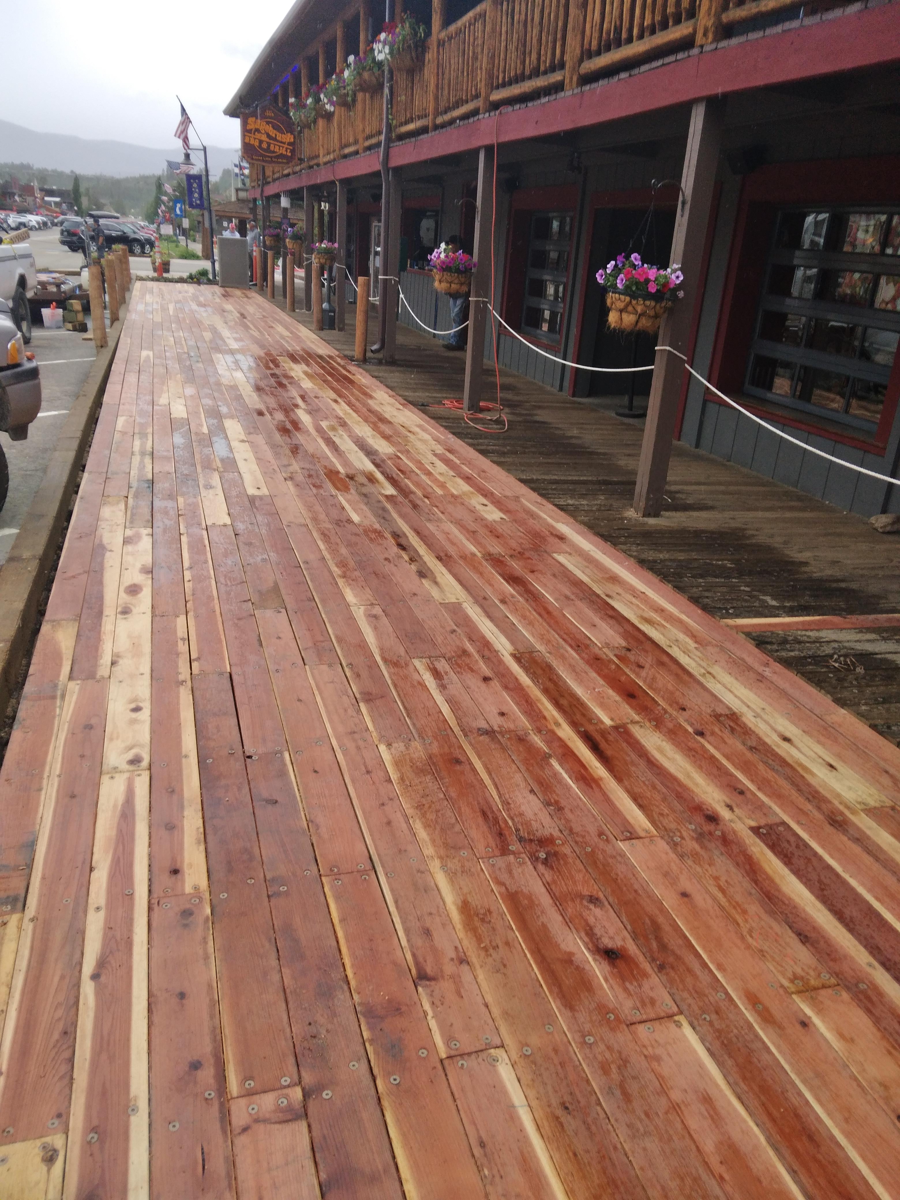 Wood boardwalk detail outside Sagebrush BBQ and Grill