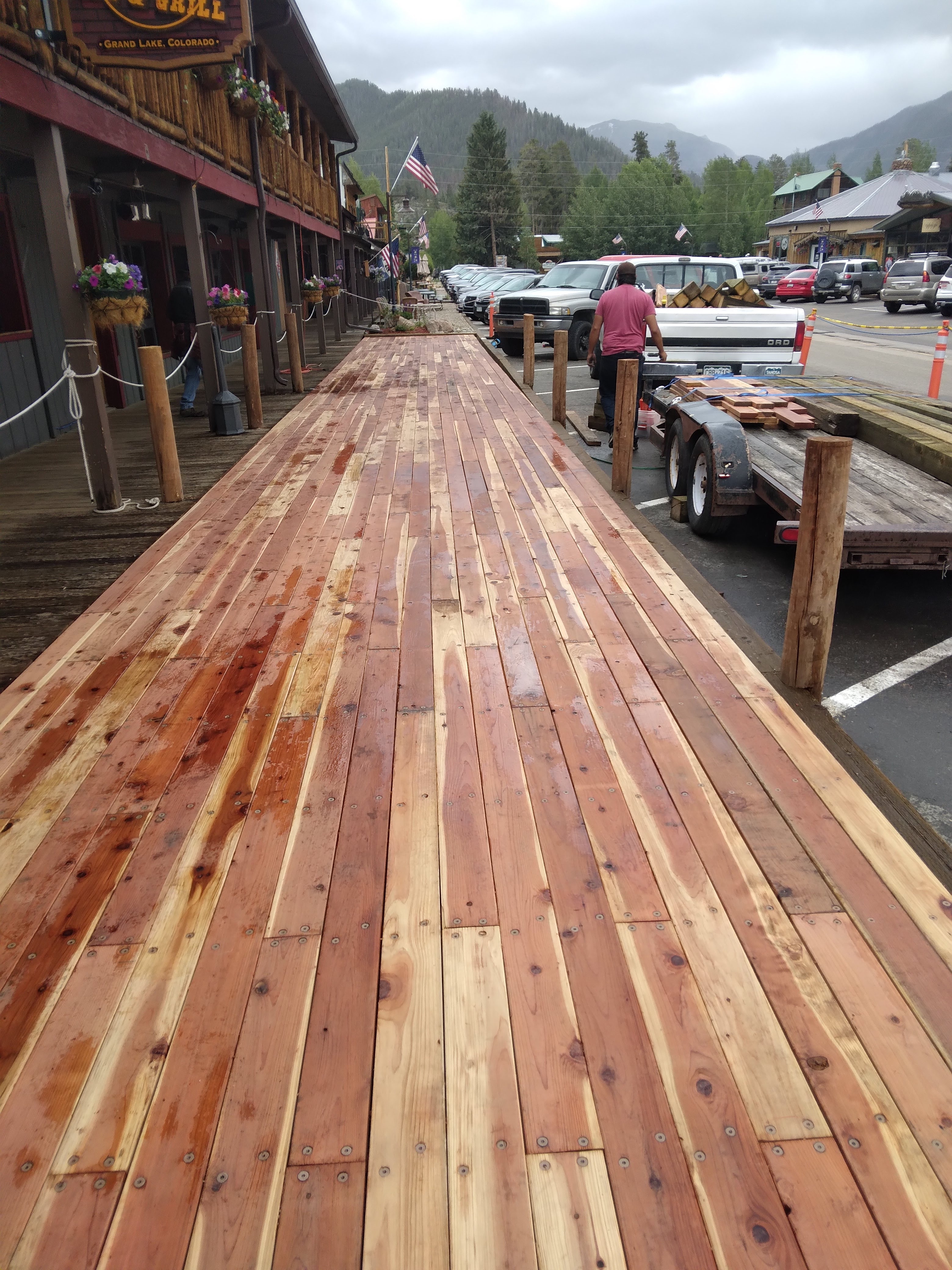 New wood boardwalk outside Sagebrush BBQ and Grill in Grand Lake Colorado